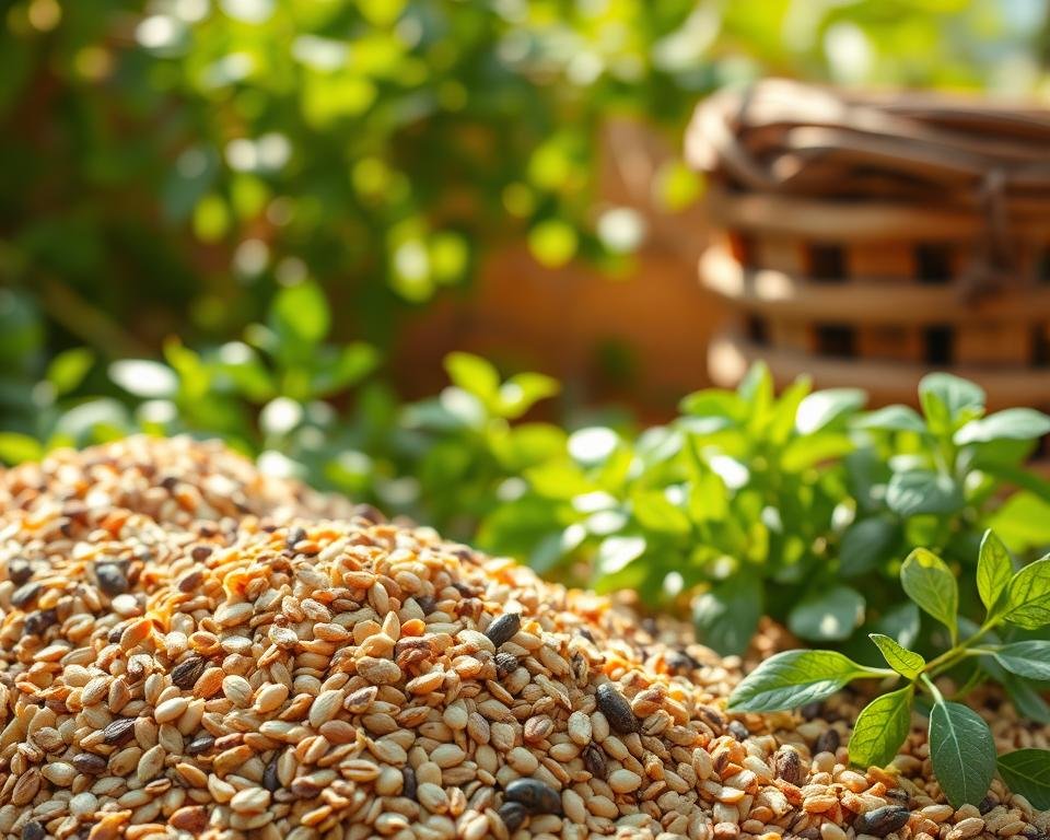 A bountiful display of eco-friendly poultry feed, showcased against a warm, natural backdrop. In the foreground, a mix of grains, seeds, and legumes in earthy tones, meticulously arranged to highlight their nutritional diversity. The middle ground features lush, verdant foliage, casting a soft, dappled light across the scene. In the background, a rustic wooden crate or basket, suggesting a sustainable, artisanal approach to poultry feed production. The overall composition conveys a sense of harmony, balance, and a commitment to responsible, environmentally-conscious animal husbandry.