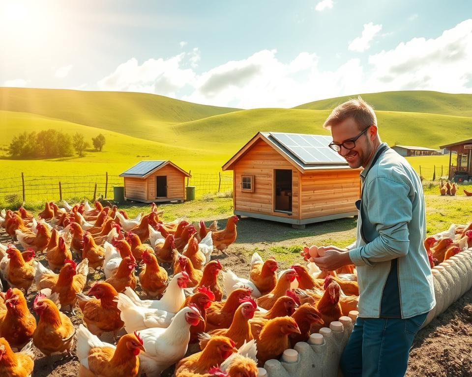 A bright, sun-dappled farmyard with a flock of healthy, free-range chickens happily pecking in a spacious outdoor enclosure. In the foreground, a farmer carefully collects freshly laid eggs from neatly arranged nest boxes, their faces beaming with pride. The middle ground showcases a small, modern chicken coop with solar panels on the roof, blending seamlessly with the lush, rolling green hills in the background. Warm, golden light filters through wispy clouds, creating a sense of tranquility and environmental harmony. The scene conveys the ethical, sustainable practices of this poultry farm, ready to supply high-quality, eco-friendly products to discerning consumers.