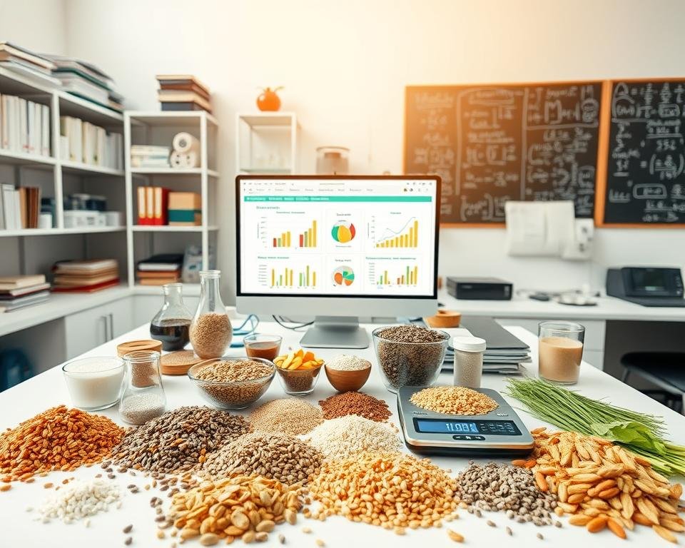 A bright, well-lit laboratory setting with various scientific equipment and tools arranged neatly on a clean, white table. In the foreground, a diverse array of poultry feed ingredients, including grains, seeds, vitamins, and minerals, are meticulously measured and weighed on a digital scale. In the middle ground, a computer screen displays a detailed nutritional formulation, with graphs and charts outlining the optimal balance of nutrients for a healthy poultry flock. The background features shelves of reference materials, scientific journals, and a chalkboard filled with complex calculations and equations, creating an atmosphere of scientific rigor and precision.