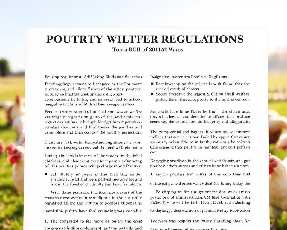 A brightly lit, high-resolution rendering of an official government document outlining poultry welfare regulations. The document takes up the central focus, showcasing detailed legal text and graphics explaining housing requirements, feed and water standards, veterinary care, and other crucial policies to ensure ethical treatment of chickens and other poultry. The background features a serene, sunlit farmland scene with grazing hens, conveying a sense of idyllic, well-regulated poultry production. The lighting is soft and even, highlighting the crisp, formal nature of the regulatory document. The camera angle is slightly elevated, giving an authoritative, regulatory perspective.
