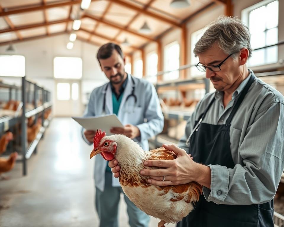 A brightly lit veterinary clinic, the foreground featuring a concerned farmer examining a healthy chicken, their hands gently inspecting its feathers and comb. In the middle ground, a veterinarian consults a chart, discussing preventative care and disease management strategies. The background showcases a modern, well-equipped aviary with clean, spacious enclosures, natural light filtering in through large windows. The scene conveys a sense of professionalism, care, and a commitment to ensuring the optimal health and well-being of the poultry flock.