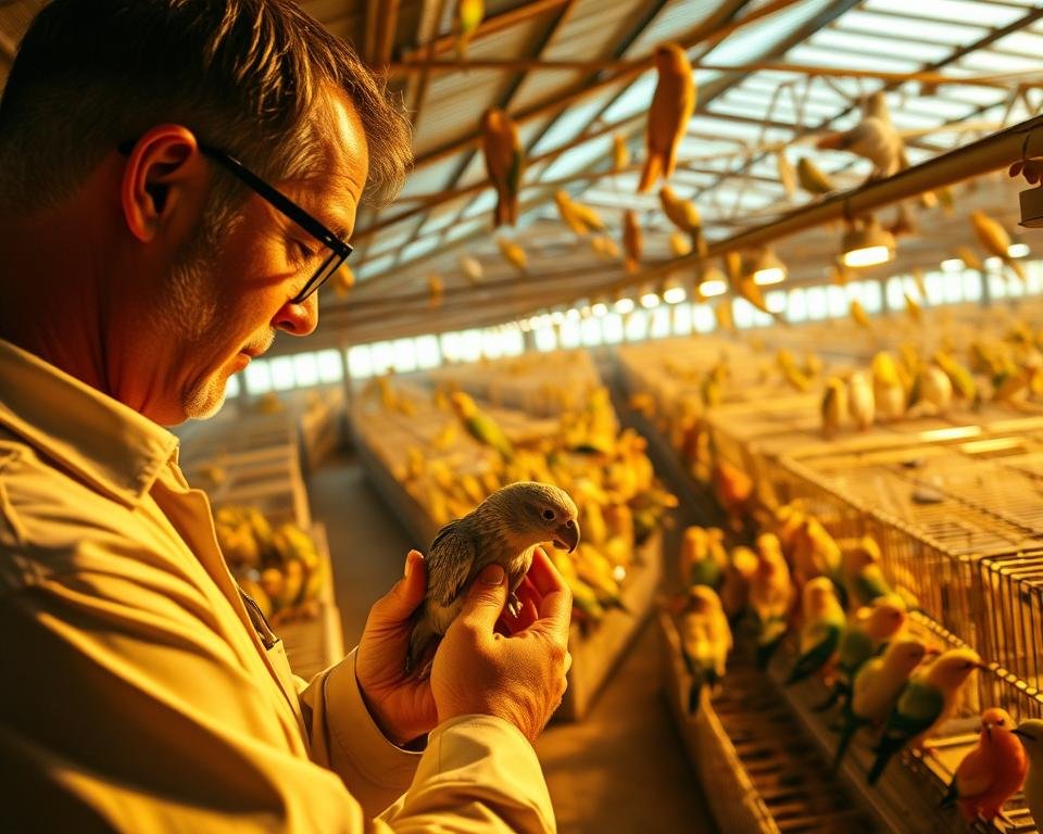 A bustling aviary, illuminated by warm, golden lighting that casts a soft glow on the feathered inhabitants. In the foreground, a skilled aviculturist carefully examines the health and condition of a prized bird, evaluating its potential for profitable breeding. In the middle ground, rows of meticulously maintained cages and enclosures, each housing a diverse array of avian species, their unique plumages and behaviors on display. The background is a panoramic view of the aviary's infrastructure, showcasing the efficient layout and well-designed facilities that contribute to the overall cost-effectiveness of the operation. The scene conveys a sense of harmony, balance, and a deep understanding of the art and science of aviculture.