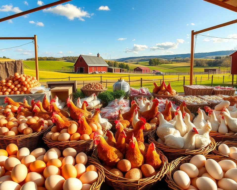 A bustling poultry farm with a vibrant, well-stocked market stall. In the foreground, an array of freshly harvested eggs and plump, healthy chickens in wicker baskets. The middle ground showcases various poultry products like whole birds, cuts, and processed items. In the background, a picturesque rural landscape with rolling hills, a classic red barn, and a cloudless blue sky. Warm, natural lighting bathes the scene, creating a welcoming, inviting atmosphere. The overall composition conveys the abundance, quality, and pride of the farm's poultry offerings.