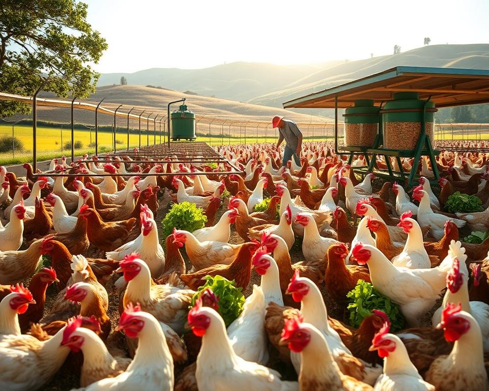 A bustling poultry farm with rolling hills in the background, showcasing sustainable feeding strategies. In the foreground, free-range chickens peck at a diverse array of organic grains and vegetables, with a farmer carefully tending to their well-being. The middle ground features automated feeders dispersing a balanced mix of locally-sourced, non-GMO ingredients. Sunlight filters through the trees, casting a warm, natural glow over the scene. The overall atmosphere conveys a sense of harmony, where ethical practices and environmental stewardship coexist to create a thriving, sustainable aviculture.