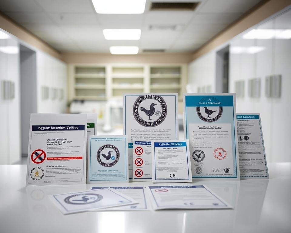 A clean, clinical laboratory setting with a well-lit table displaying various regulatory standards and certifications related to antibiotic-free poultry labeling. Crisp, high-resolution images of official seals, stamps, and informational pamphlets are arranged neatly, conveying a sense of professionalism and attention to detail. The background is softly blurred, allowing the regulatory documentation to be the focal point. Subtle shadows and reflections add depth and dimension, while the overall lighting is bright and neutral, creating an authoritative and trustworthy atmosphere.