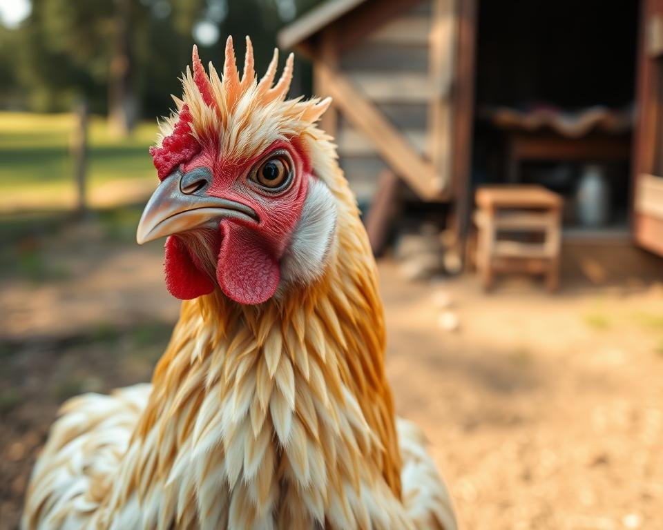 A close-up shot of a hen in a natural setting, her feathers ruffled and eyes alert, conveying a sense of tension and stress. The background features a tranquil farmyard scene with a coop in the distance, bathed in soft, warm lighting that creates a calming atmosphere. The image is captured from a low angle, emphasizing the hen's vulnerability and the need for closer monitoring of her well-being. The composition and lighting work together to highlight the importance of understanding and addressing poultry stress in order to maintain optimal health.