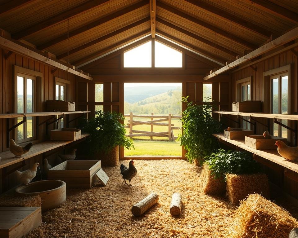 A cozy, well-ventilated poultry housing environment with natural light streaming through large windows. The interior features perches, nesting boxes, and a dust bath for the birds to engage in their natural behaviors. The middle ground showcases lush greenery and enrichment items like hay bales and pecking logs, creating a stimulating and comfortable space. In the background, a wooden fence and rolling hills set the serene, pastoral scene. Soft, warm lighting highlights the textures and details, evoking a sense of tranquility and animal welfare. Captured with a wide-angle lens to convey the spaciousness and openness of the environment.