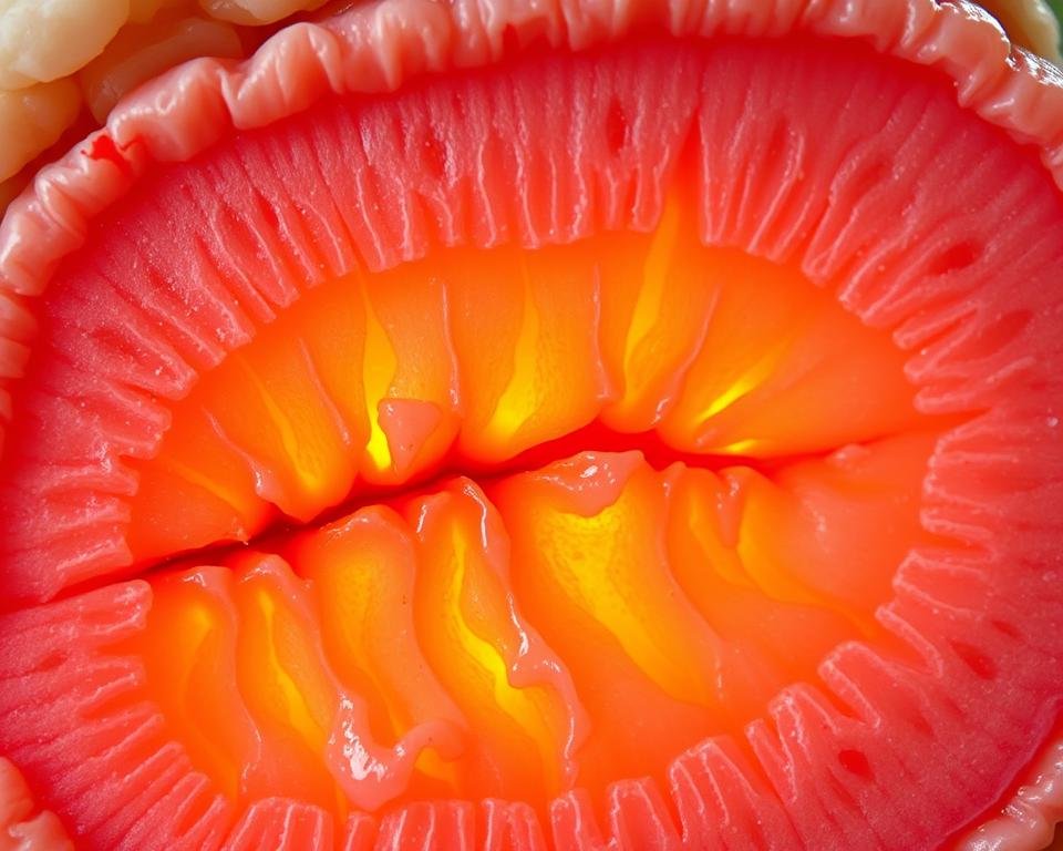 A cross-section of a healthy poultry intestine, illuminated by warm, natural lighting. The intricate network of villi and microvilli lining the intestinal walls is clearly visible, with a slight reddish-pink hue indicating good blood flow and oxygenation. The overall structure appears robust and well-developed, conveying the idea of a strong, resilient digestive system. The background is slightly blurred, placing the focus on the delicate, but vital, intestinal tissues. The image should serve as a visual representation of the importance of maintaining optimal water quality for poultry gut health.