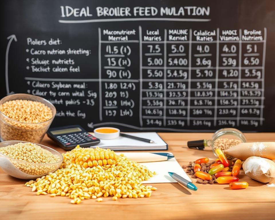 A detailed broiler feed formulation diagram displayed on a wooden table, illuminated by soft, natural lighting. In the foreground, various feed ingredients such as corn, soybean meal, and vitamins are arranged neatly. In the middle ground, a calculator, notebook, and a pen are visible, symbolizing the precision and calculation involved in the formulation process. The background features a chalkboard or whiteboard, displaying the macronutrient ratios, calorie counts, and other technical details of the ideal broiler diet. The overall scene conveys a sense of scientific, yet practical, approach to optimizing broiler nutrition.