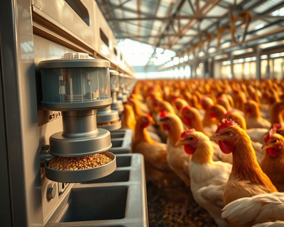 A detailed, close-up view of a modern poultry feeding system, showcasing its efficient and innovative design. The foreground features an automated feed dispenser meticulously engineered to precisely distribute nutritious poultry feed. In the middle ground, rows of healthy, well-fed chickens eagerly await their meals, their feathers gleaming under the warm, natural lighting. The background depicts a clean, technologically-advanced poultry house, with sensors and monitoring equipment providing data to optimize the feed conversion ratio. The overall scene conveys a sense of precision, innovation, and a commitment to sustainable, data-driven aviculture practices.