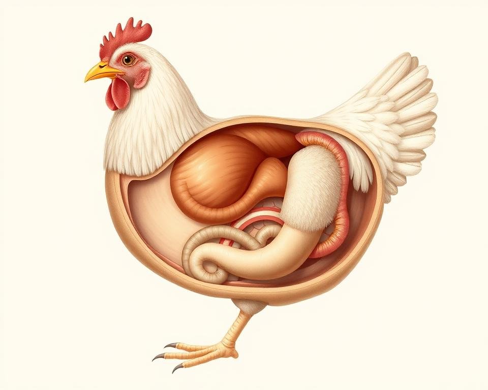 A detailed, cross-sectional illustration of a chicken's digestive system, rendered with a lifelike, anatomical precision. The image showcases the major components of the digestive tract, including the crop, proventriculus, gizzard, small intestine, and cloaca, against a clean, neutral background. The lighting is soft and evenly diffused, highlighting the intricate structures and textures of the organs. The composition is balanced, with a clear focal point and depth of field, allowing the viewer to appreciate the interconnected nature of the digestive system. The overall tone is educational and informative, suitable for inclusion in a scientific article on poultry health.