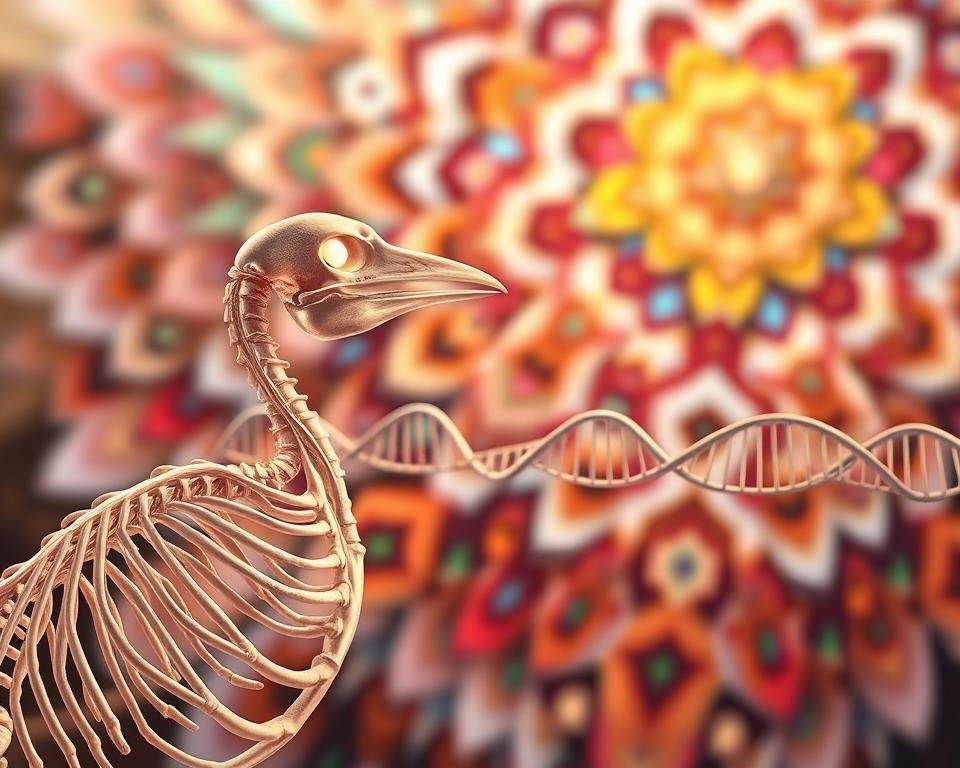A detailed, high-resolution illustration showcasing the genetic mechanisms underlying avian traits. In the foreground, a delicate avian skeleton in intricate detail, revealing the complex bone structure. In the middle ground, a series of DNA helices, each strand representing a distinct genetic code. The background features a vibrant, kaleidoscopic array of feather patterns, capturing the rich diversity of avian phenotypes. Soft, warm lighting casts a gentle glow, highlighting the intricate interplay between genotype and phenotype. Rendered with a precise, scientific aesthetic to convey the profound benefits of genetic selection in aviculture.