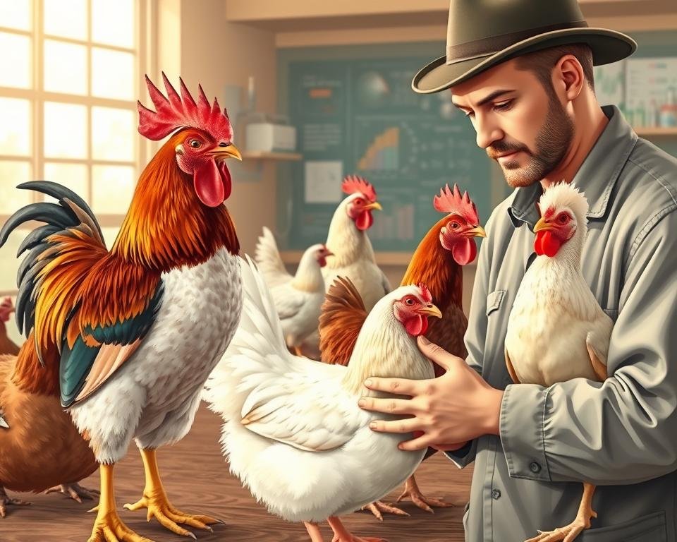 A detailed illustration depicting various poultry crossbreeding techniques. In the foreground, a poultry farmer carefully handling a rooster and a hen, examining their physical characteristics. In the middle ground, several different breeds of chickens - including a Rhode Island Red, a Cochin, and a Brahma - showcasing the diversity of potential crossbreeding outcomes. In the background, a research laboratory setting with scientific equipment and diagrams, hinting at the technical aspects of successful crossbreeding programs. The image is bathed in a warm, natural lighting, conveying a sense of expertise and diligence in the pursuit of poultry genetic improvement.