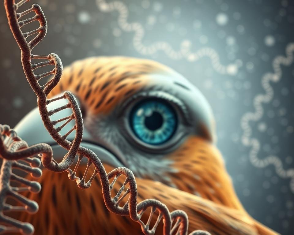 A detailed, scientifically accurate illustration of bird genetics. In the foreground, a close-up view of avian chromosomes and DNA strands, rendered with precise, microscopic detail. In the middle ground, a cross-section of a bird's eye, showcasing the intricate structure of the retina and photoreceptors. In the background, a muted, nebula-like pattern of genetic sequences and molecular structures, evoking the complex, interconnected nature of avian biology. The image is illuminated by a soft, diffused lighting, creating a sense of depth and emphasizing the delicate, intricate nature of the subject matter. Captured with a macro lens, the overall composition conveys the idea of exploring the hidden wonders of avian genome and its role in disease resistance and health improvement.