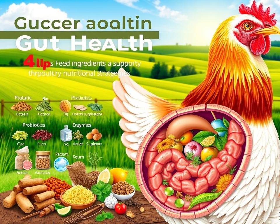 A detailed, vibrant illustration showcasing the importance of poultry gut health through nutritional strategies. In the foreground, a cross-section of a chicken's digestive system, highlighting the intricate workings of the gut microbiome. Vibrant colors and textures depict the balance of beneficial bacteria, enzymes, and nutrients essential for optimal gut health. In the middle ground, an array of natural feed ingredients such as probiotics, prebiotics, and herbal supplements, visually demonstrating their role in supporting the gut's delicate ecosystem. The background features a scenic farmland backdrop, with lush green pastures and a clear, sun-dappled sky, conveying a sense of health, vitality, and the importance of holistic poultry management. Crisp, high-resolution details, and a warm, inviting color palette create an impactful, educational illustration.