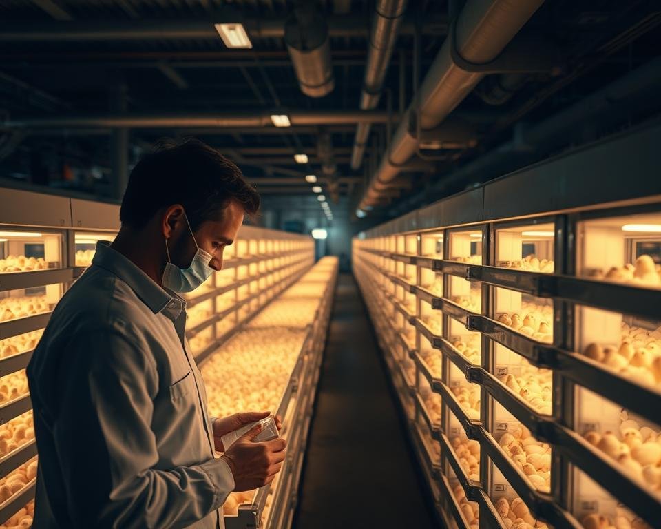 A dimly lit, modern hatchery interior with rows of efficient, high-tech incubators. In the foreground, a technician closely monitors a batch of chicken eggs, carefully adjusting temperature and humidity settings. The middle ground showcases the sleek, minimalist design of the incubators, their glass panels offering a glimpse of the developing chicks. Soft, warm lighting illuminates the scene, creating a serene and focused atmosphere. The background reveals the hatchery's sophisticated climate control systems and specialized equipment, highlighting the attention to detail and optimization required for successful, cost-effective poultry incubation.