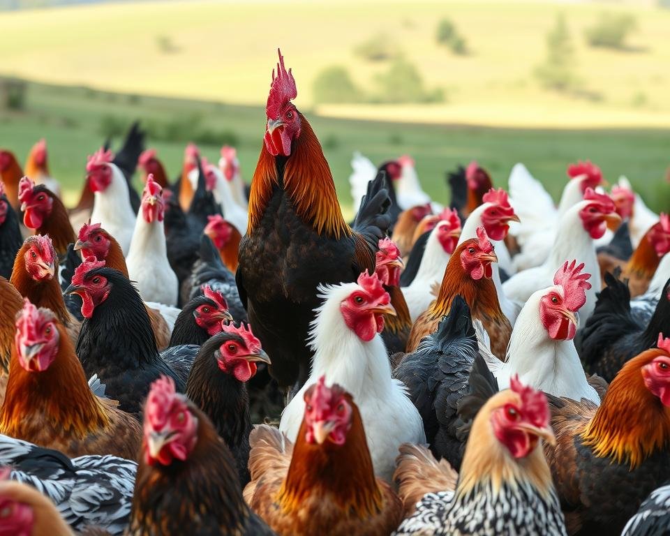 A diverse flock of poultry breeds with vibrant plumage and distinct features, captured in a natural, well-lit setting. In the foreground, a cluster of hens in a variety of colors and patterns, their inquisitive gazes reflecting the genetic richness within the population. In the middle ground, a proud rooster stands tall, showcasing his unique comb and wattle, emblematic of the adaptations that have evolved over generations. In the background, a rolling pasture dotted with trees, hinting at the diverse environments that have shaped these avian lineages. The scene conveys a sense of harmony and balance, underscoring the importance of preserving genetic diversity for the health and welfare of poultry.