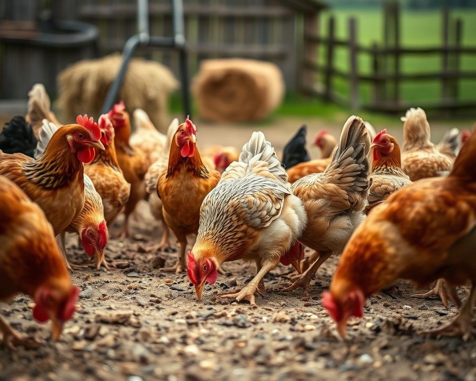 A flock of chickens engaged in natural foraging behavior, pecking at the ground and scratching the soil with their feet in search of insects and seeds. The birds are shown in a warm, natural lighting, with a soft focus on the foreground subjects, and a slightly blurred background of a rustic farmyard setting, complete with a wooden fence and a few scattered hay bales. The scene conveys a sense of peaceful, uninterrupted activity, reflecting the essential behavioral aspects that affect the feed conversion in avian production.