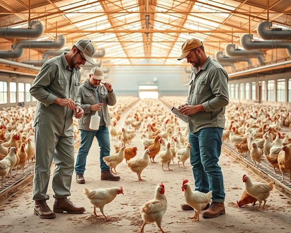 A group of poultry farmers diligently engaged in avian biosecurity practices, set against a backdrop of a modern, well-equipped poultry farm. In the foreground, two farmers meticulously disinfect their boots and hands, ensuring the highest standards of cleanliness. In the middle ground, a flock of healthy, well-cared-for chickens roam a spacious, clean enclosure, while in the background, a state-of-the-art poultry house with advanced ventilation and temperature control systems stands as a testament to the farmers' commitment to biosecurity. The scene is illuminated by warm, natural lighting, creating a sense of professionalism and attention to detail that reflects the importance of educating oneself and others on the critical role of avian biosecurity in maintaining the health and well-being of a poultry flock.