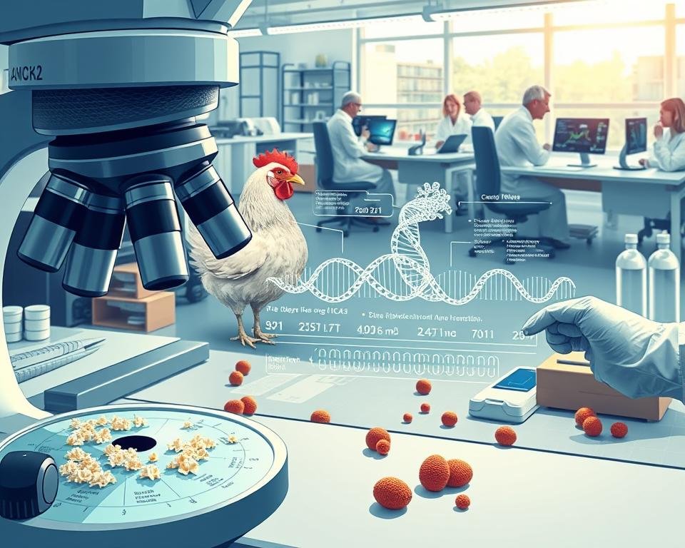 A high-resolution, detailed illustration depicting the complex field of poultry genomics. In the foreground, a microscope slides with avian DNA samples, surrounded by scientific instruments and equipment. In the middle ground, a schematic diagram showcases the intricate genetic structure of a chicken, highlighting key traits and characteristics. In the background, a research laboratory setting with workstations, monitors displaying bioinformatics data, and scientists collaborating on their findings. The scene is illuminated by a soft, natural lighting that creates a contemplative and scientific atmosphere, conveying the challenges and importance of advancing poultry genetic research.