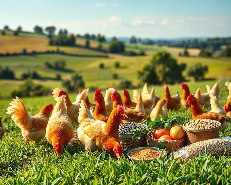 A high-resolution, detailed image of poultry nutrition. In the foreground, a group of healthy, vibrant chickens foraging in a lush, verdant field, pecking at the ground and flapping their wings. In the middle ground, a variety of fresh, nutritious feed ingredients such as grains, seeds, vegetables, and supplements, arranged in an appealing display. In the background, a serene, sun-dappled countryside landscape with rolling hills, mature trees, and a clear blue sky. Lighting is soft and natural, with warm, golden tones. The overall mood is one of tranquility, vitality, and the importance of a balanced, nutritious diet for the well-being of the flock.