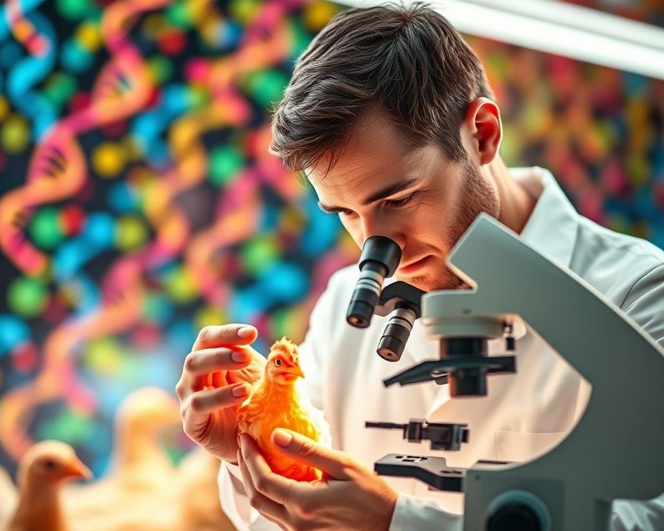 A high-tech laboratory setting, with a backdrop of colorful chromosomes and DNA strands. In the foreground, a scientist in a white lab coat meticulously examines a sample of poultry under a powerful microscope, capturing the intricate details of the genetic makeup. Soft, directional lighting illuminates the scene, creating a sense of scientific inquiry and discovery. The composition emphasizes the importance of advanced technology and genetic analysis in modern poultry breeding programs, offering a glimpse into the cutting-edge research that drives the optimization of poultry flocks.