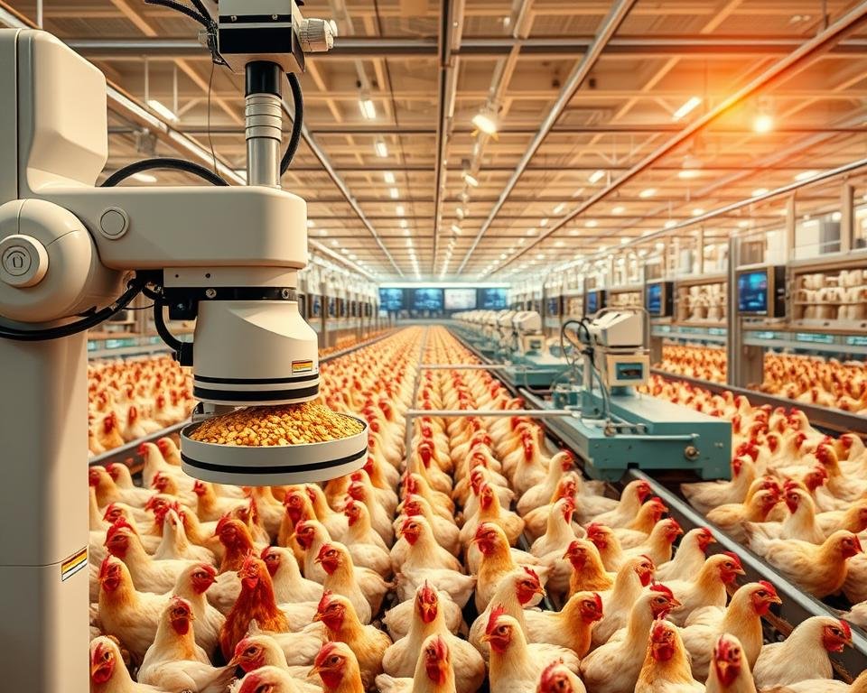 A high-tech poultry production facility, showcasing state-of-the-art equipment and automation. In the foreground, a robotic feeding system precisely distributes nutrient-rich pellets to rows of chickens in climate-controlled coops. In the middle ground, a complex network of sensors and monitors tracks environmental conditions, feeding schedules, and bird health data. In the background, a panoramic view of the facility, with automated egg collection, waste management, and climate control systems visible. The scene is bathed in warm, natural lighting, conveying a sense of efficiency and innovation in modern poultry production.