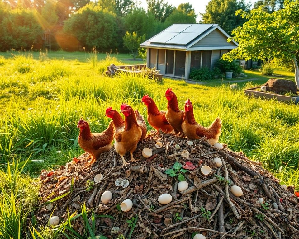 A lush, green meadow with a vibrant, diverse array of plants and grasses. In the foreground, a well-organized compost pile composed of various organic materials, including vegetable scraps, eggshells, and dried leaves. Atop the compost, a group of happy, free-range chickens enthusiastically pecking and scratching, indicating their delight in this nutrient-rich, eco-friendly feed. Warm, golden sunlight filters through the scene, casting a gentle glow and creating a sense of harmony and sustainability. The background features a modern, energy-efficient poultry coop with solar panels on the roof, surrounded by flourishing fruit trees and vegetable gardens, all working together to create a self-sustaining, environmentally conscious poultry farming system.