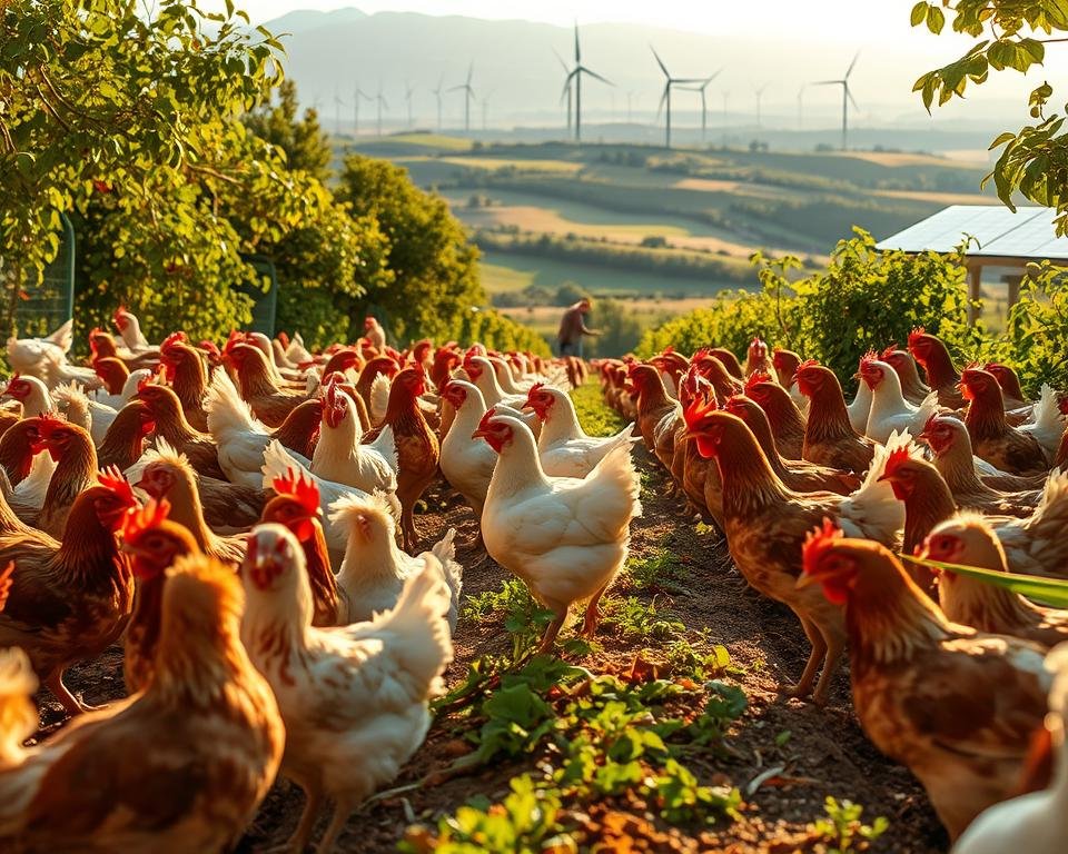 A lush, verdant aviary of the future, bathed in warm, golden light. In the foreground, free-roaming hens contentedly peck and scratch at the organic soil, their feathers gleaming with vibrant health. In the middle ground, automated feeding and watering systems seamlessly cater to their needs, while solar-powered ventilation and cooling systems maintain optimal comfort. The background reveals a panoramic view of rolling hills and towering wind turbines, a symbol of sustainable energy powering this cutting-edge poultry facility. An atmosphere of harmony and progress pervades the scene, hinting at a future where animal welfare and environmental responsibility converge.