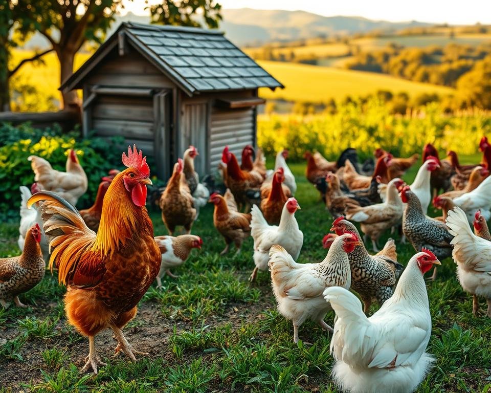 A lush, verdant backyard filled with a vibrant flock of heritage chicken breeds. In the foreground, a rooster with a magnificent plumage of golden and copper hues struts proudly, its comb standing tall. Surrounding it, a diverse array of hens in varying shades of red, white, and speckled patterns cluck contentedly, foraging in the rich soil. In the middle ground, a rustic wooden coop with a charming pitched roof provides shelter, its weathered planks evoking a sense of timeless tradition. In the background, a picturesque landscape of rolling hills and lush greenery sets the scene, bathed in warm, golden afternoon light that casts a gentle glow over the entire tableau.