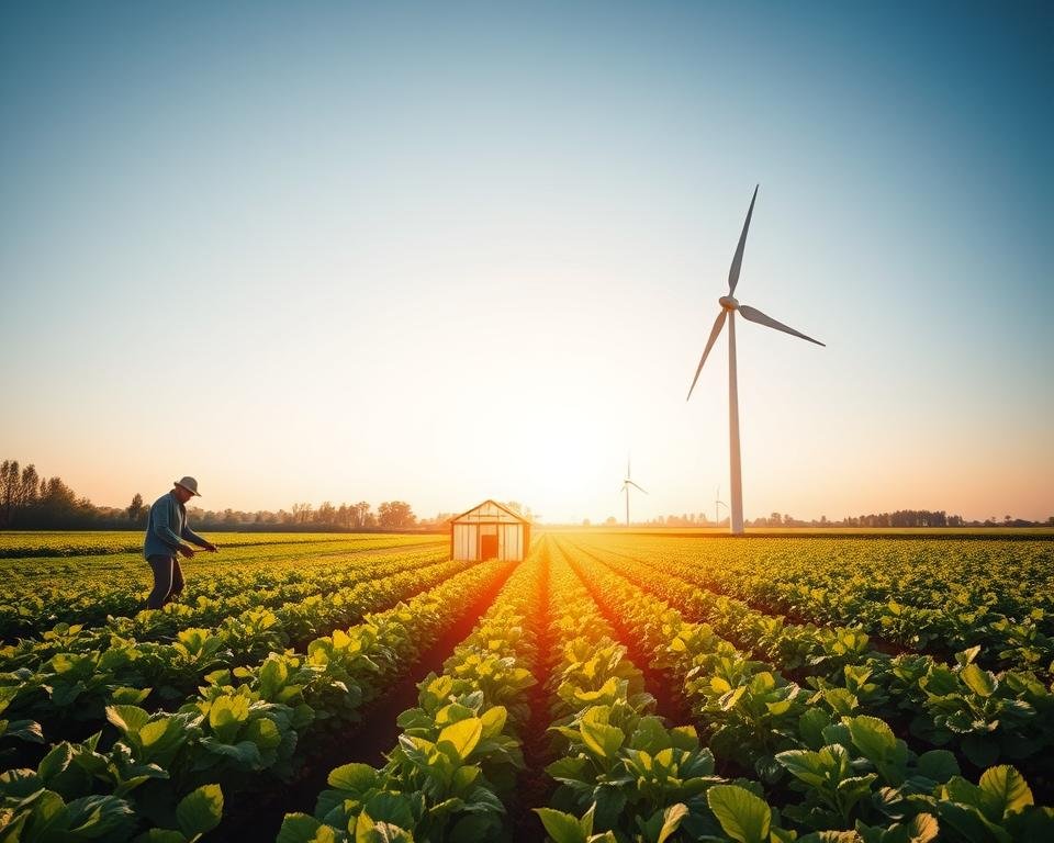 A lush, verdant farmland set against a clear, azure sky. In the foreground, a farmer tends to rows of flourishing organic crops, using sustainable techniques like crop rotation and natural pest control. The middle ground showcases a small, energy-efficient greenhouse, its glass panels catching the warm, golden sunlight. In the background, a wind turbine stands tall, its blades slowly spinning, harnessing renewable energy to power the farm's operations. The overall scene conveys a sense of harmony and environmental stewardship, embodying the principles of eco-friendly farming practices.