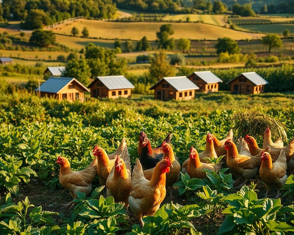 A lush, verdant farmscape with free-range chickens roaming amidst a diverse array of foliage. In the foreground, a cluster of happy, healthy birds scratch and peck at the soil, their feathers shimmering in the warm, golden sunlight. The midground features neatly arranged, eco-friendly coops with slanted roofs and airy, mesh-covered windows, blending seamlessly into the surrounding landscape. In the background, rolling hills dotted with fruit trees and vegetable patches paint a picture of a self-sustaining, regenerative ecosystem. The overall scene conveys a sense of harmony, balance, and a deep commitment to environmentally-conscious poultry farming practices.
