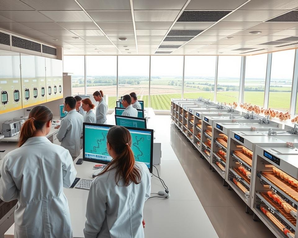 A meticulously designed genetics research laboratory, bathed in soft, diffused lighting. In the foreground, a group of scientists in white lab coats scrutinize DNA sequences displayed on high-resolution monitors. Midground, rows of incubators and specialized equipment line the pristine countertops, their digital readouts providing real-time data on broiler growth and development. The background reveals a panoramic view of the facility, with large windows overlooking lush, verdant fields – a testament to the integration of cutting-edge science and the natural world. An atmosphere of focused intensity and scientific curiosity pervades the scene, capturing the essence of broiler genetics research in service of optimizing poultry performance.