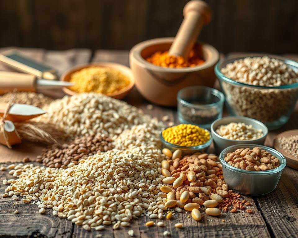 A meticulously detailed close-up shot of a variety of poultry feed ingredients artfully arranged on a rustic wooden surface. The foreground features an assortment of grains, seeds, and supplements such as wheat, corn, soybean meal, and vitamins, precisely measured and organized. The middle ground showcases the feed formulation process, with a mortar and pestle, measuring cups, and a bowl of mixed feed. The background is softly blurred, hinting at a minimal, earthy setting to emphasize the technical focus of the image. The lighting is natural and warm, casting gentle shadows to accentuate the textures and create a sense of depth. The overall mood is one of precision, expertise, and the importance of carefully crafting poultry feed to optimize flock health.