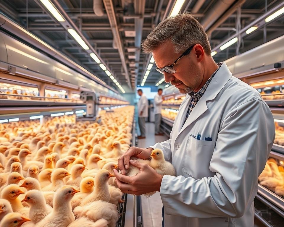 A modern poultry breeding facility with rows of gleaming incubators and brooding pens. In the foreground, a scientist carefully inspects a clutch of freshly hatched chicks, their fluffy down feathers glistening under warm LED lighting. In the middle ground, technicians monitor data feeds from automated feeding and watering systems, while in the background, state-of-the-art genetic analysis equipment stands ready to unlock the secrets of avian breeds. The scene conveys a sense of scientific precision and innovation, hinting at the breakthroughs that will shape the future of poultry genetics.