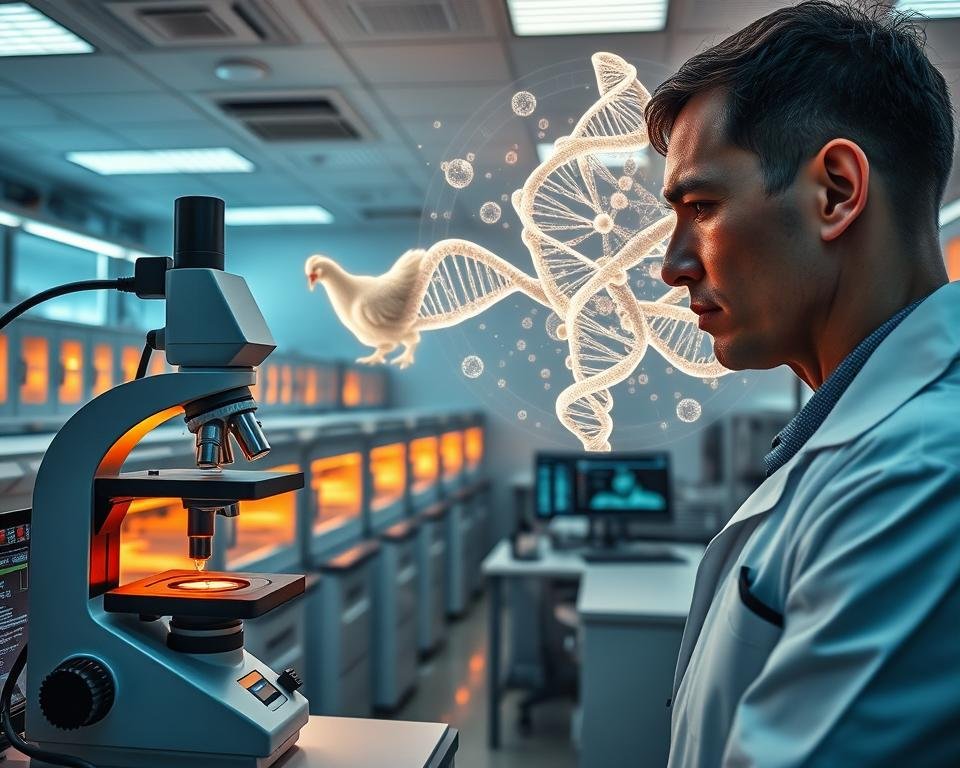 A modern research laboratory with state-of-the-art equipment and instruments. In the foreground, a scientist in a white lab coat examines a sample under a powerful microscope, their face illuminated by the soft glow of the display. The middle ground features rows of incubators and workstations, each displaying readouts and charts related to avian genetics. In the background, a large holographic display shows a complex 3D model of a chicken's genome, overlaid with intricate molecular diagrams. The lighting is a blend of cool, clinical overhead lighting and the warm glow of computer screens, creating a contemplative and innovative atmosphere. The scene conveys a sense of cutting-edge research, with a focus on the future of avian genetics and its potential applications in aviculture.