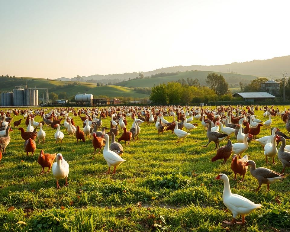 A panoramic view of a modern aviary, bathed in warm, natural lighting. In the foreground, a diverse array of poultry species - chickens, ducks, and geese - forage on a verdant pasture, grazing on a variety of vegetation. In the middle ground, automated feeding systems and storage silos suggest efficient feed management. The background features rolling hills, lush trees, and a clear sky, conveying a sense of harmony between the aviary and its natural surroundings. The overall mood is one of tranquility and thoughtful optimization, reflecting the challenges of reducing feed costs in aviculture.