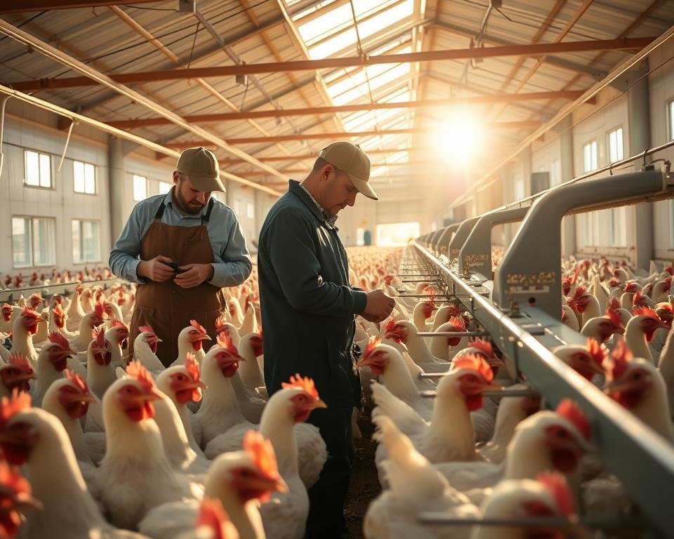 A poultry farm scene with workers optimizing productivity. In the foreground, two workers meticulously inspecting a flock of chickens, observing their behavior and health. In the middle ground, a worker adjusts the automated feeding system, ensuring optimal nutrition. In the background, the sun shines through the windows of a modern, well-lit poultry house, conveying a sense of efficiency and organization. The scene is captured with a wide-angle lens, highlighting the scale and order of the operation. The overall mood is one of diligence, attention to detail, and a commitment to maximizing the productivity of the flock.