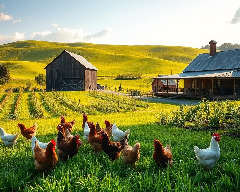 A serene, sun-dappled farmstead nestled in rolling green hills. In the foreground, free-range chickens forage amidst lush pastures, their feathers shimmering in the warm light. A weathered barn stands in the middle ground, its wooden beams and tin roof glowing with a rustic charm. Rows of vegetable gardens and orchards flank the scene, hinting at the abundance of this self-sustaining, antibiotic-free operation. In the distance, a weathered farmhouse overlooks the idyllic landscape, its wide porch and flower-filled window boxes exuding a sense of peaceful tranquility. The scene is captured with a wide-angle lens, emphasizing the harmony between the farm, its animals, and the surrounding natural environment.