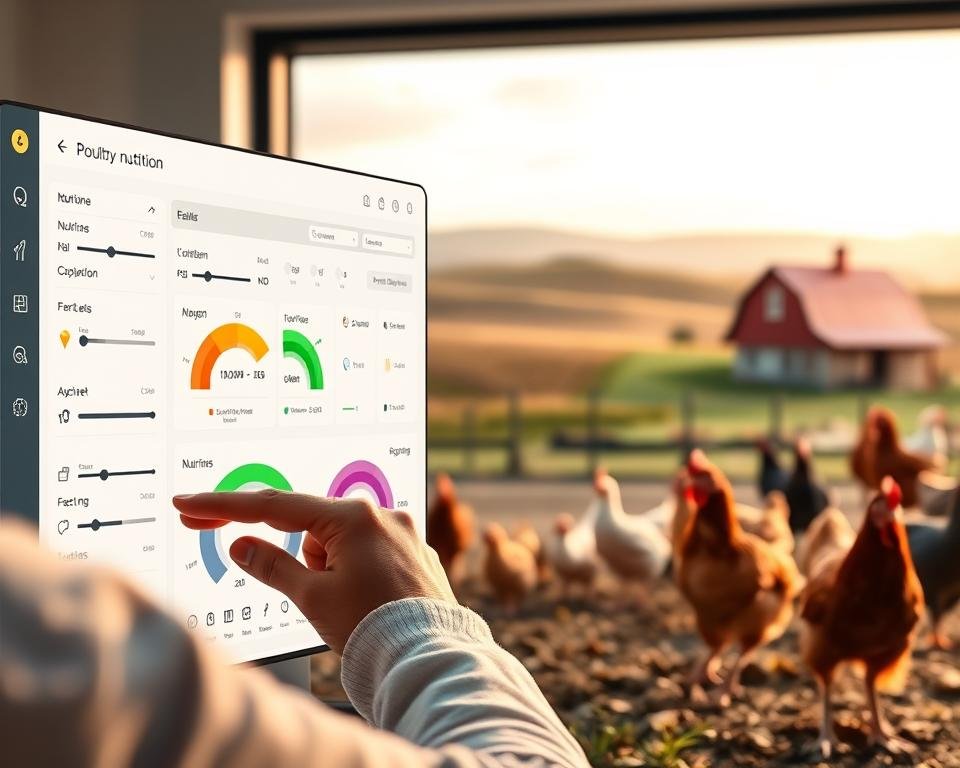 A sleek, modern software interface displays a poultry feed formulation dashboard. In the foreground, a user interacts with adjustable sliders and input fields, fine-tuning nutrient levels and ingredient ratios. The middle ground showcases a 3D visualization of the feed composition, with color-coded macronutrients and micronutrients. The background features a serene farmscape, with rolling hills, a barn, and free-range chickens, suggesting the real-world application of the software. Soft, warm lighting and a clean, minimalist design create a professional, yet approachable atmosphere, inviting the user to optimize poultry rations for optimal nutrition.