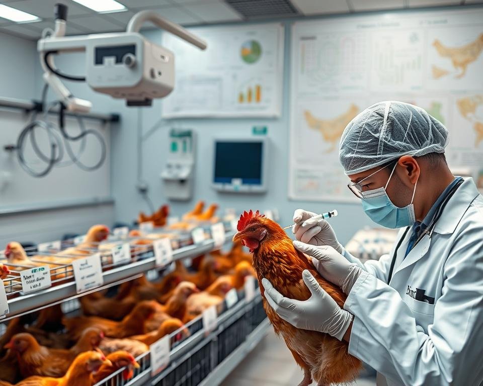 A sterile laboratory setting, with modern medical equipment and supplies. In the foreground, a veterinarian carefully administers a vaccine to a healthy, free-range chicken. Subtle lighting casts a warm, clinical glow, capturing the precision and care of the procedure. In the middle ground, rows of cages housing various poultry breeds, each meticulously labeled and monitored. The background features diagrams, charts, and cutting-edge technology, showcasing the advancements in poultry vaccination strategies. An atmosphere of innovation, scientific rigor, and a commitment to animal welfare permeates the scene.