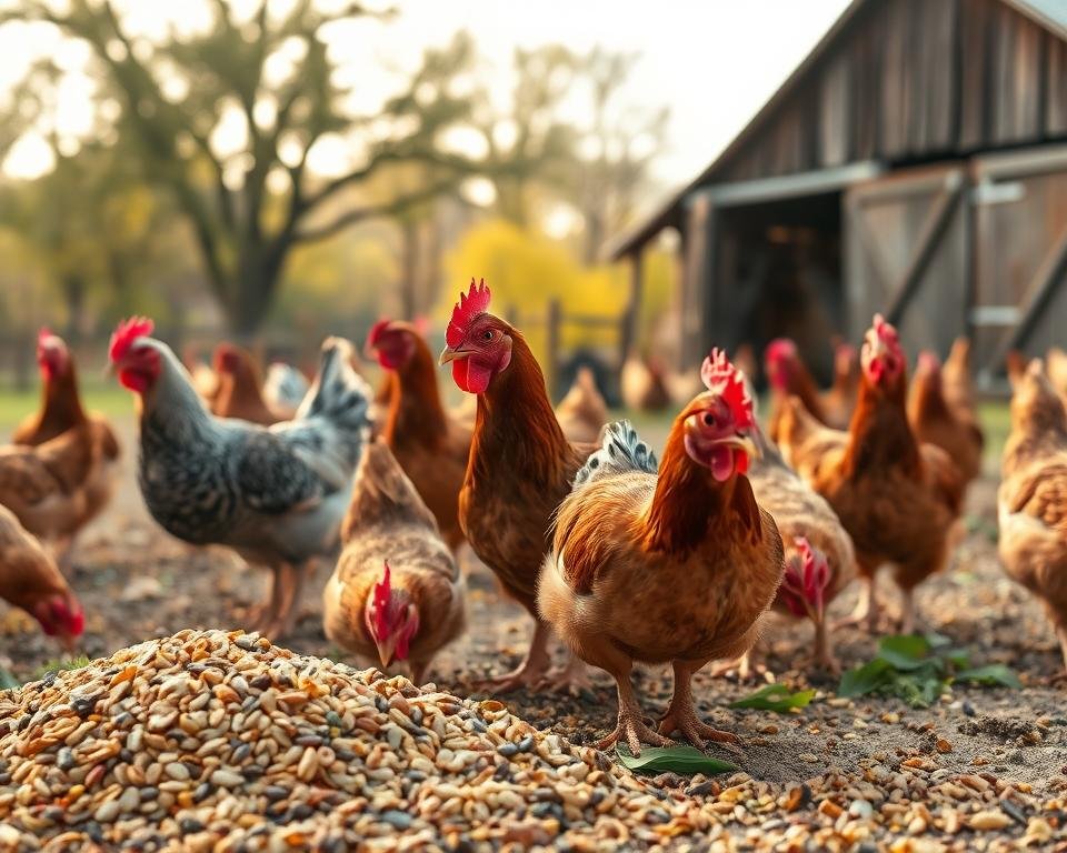 A tranquil farmyard scene with healthy, content chickens pecking at a varied, nutritious spread of grains, seeds, and greens. Soft, diffused lighting bathes the scene in a calming, golden glow. The hens are visibly relaxed, their movements unhurried as they engage in natural foraging behaviors. In the background, a rustic barn and swaying trees create a sense of pastoral serenity. The overall mood is one of harmony and well-being, underscoring the positive impact of proper nutrition on poultry stress reduction.