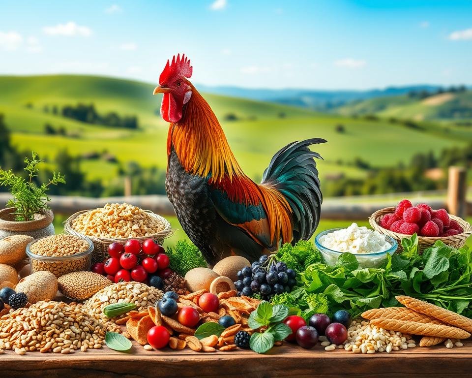 A vibrant and informative image of avian nutrition, showcasing a diverse array of nutritious foods. In the foreground, a bountiful spread of various grains, seeds, berries, and leafy greens, artfully arranged on a rustic wooden table. The middle ground features a majestic rooster, its feathers gleaming in the soft, natural lighting, capturing the essence of a healthy, well-nourished bird. In the background, a lush, verdant landscape with rolling hills and a clear, azure sky, creating a serene and calming atmosphere. The image conveys the importance of a balanced, nutrient-rich diet in enhancing the genetic resistance and overall well-being of an avian flock.