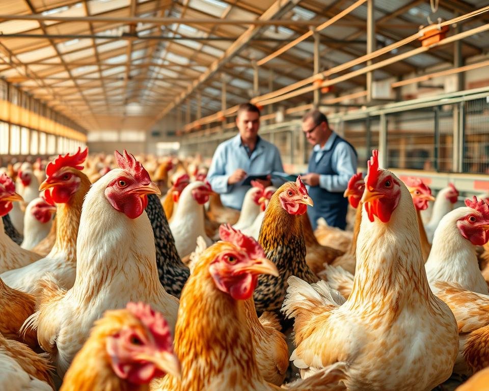 A vibrant, detailed scene of a thriving poultry breeding facility. In the foreground, a group of diverse chicken breeds are showcased, their plumage shimmering under the warm, natural lighting. In the middle ground, experienced breeders carefully evaluate the birds, taking notes and analyzing their traits. The background reveals state-of-the-art enclosures and infrastructure, designed to optimize the health and well-being of the flock. The overall atmosphere conveys a sense of expertise, innovation, and a deep commitment to improving poultry genetics and productivity.