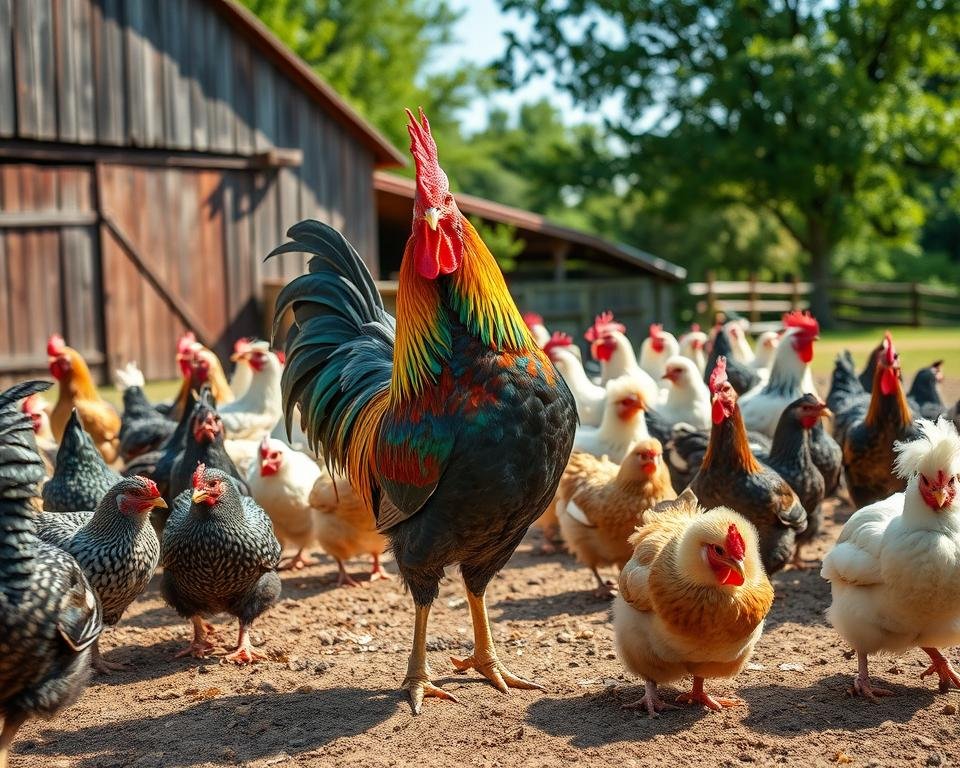 A vibrant group of hybrid poultry breeds stands proudly in a well-lit, rustic farmyard setting. In the foreground, a majestic rooster with an iridescent plumage of blues, greens, and golds struts confidently, showcasing its unique genetic blend. Surrounding it, a diverse flock of hens in a variety of striking color patterns - some with distinctive crests, others with fluffy, puffy feathers - occupy the middle ground, grazing contentedly on the sun-dappled ground. In the background, a weathered barn and lush, verdant trees frame the scene, creating a sense of pastoral harmony. The lighting is warm and natural, accentuating the rich textures and colors of the birds, and the camera angle is slightly elevated, offering a captivating, holistic view of this successful poultry crossbreeding experiment.