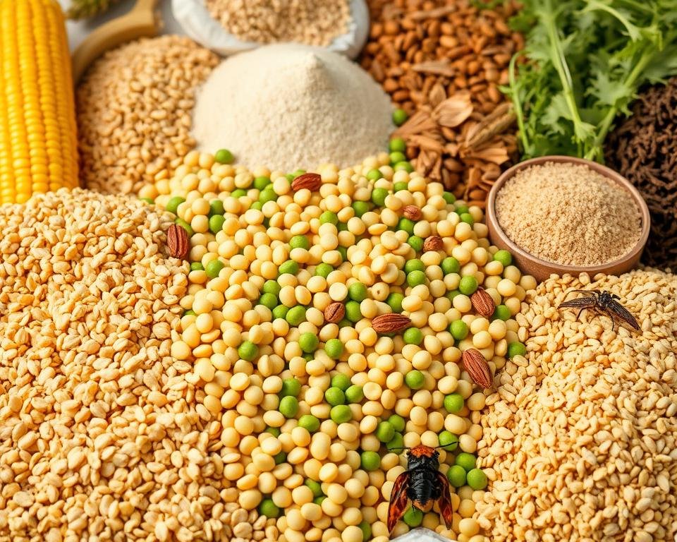 A vibrant still life featuring a variety of high-protein ingredients for poultry feed. In the foreground, arrange whole grains like corn, wheat, and barley, alongside legumes like soybeans, peas, and lentils. In the middle ground, showcase meat and fish-based proteins like fishmeal, chicken meal, and bone meal. In the background, include textured plant-based proteins like soy flour, alfalfa, and dried insects. Capture the scene with soft, natural lighting, as if photographed in a well-lit kitchen or pantry. Convey a sense of nutritional abundance and wholesome quality suitable for a poultry farming article.