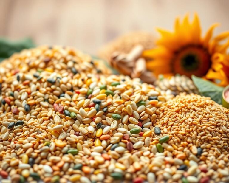 A vibrant still life showcasing the key ingredients in poultry nutrition. In the foreground, a variety of grains, seeds, and legumes - corn, soy, wheat, sunflower, and millet - are arranged in a visually appealing composition. The middle ground features a scattering of vitamins and minerals, like calcium, phosphorus, and various micronutrients, highlighting their importance in a balanced diet. In the background, a soft, natural lighting creates a warm, inviting atmosphere, emphasizing the wholesome, nutritious nature of these essential poultry feed components. Captured with a shallow depth of field, the image draws the viewer's attention to the textural details and vibrant colors of these vital ingredients for supporting the health and well-being of our feathered friends.
