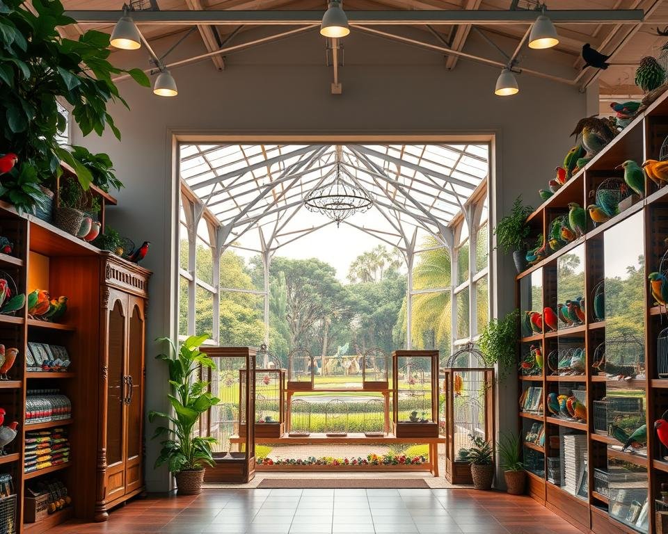 A well-designed aviculture business location with a cozy, inviting atmosphere. A spacious, well-lit showroom with ample shelving to display a diverse array of captivating bird species. The entrance features an ornate, wooden doorway framed by lush greenery, beckoning customers to explore. In the middle ground, a pristine, high-ceilinged atrium showcases an array of exotic bird cages, each meticulously crafted to provide optimal living conditions. The background depicts a serene, park-like setting, with towering trees and a tranquil pond, creating a harmonious, nature-inspired ambiance. Warm, soft lighting illuminates the scene, conveying a sense of comfort and professionalism.