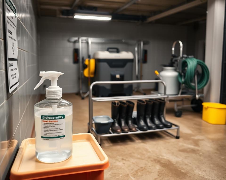 A well-equipped biosecurity station for a poultry farm. In the foreground, a hand sanitizer station with a dispenser and signage. In the middle ground, boot wash trays filled with disinfectant solution, and a rack for storing sanitized boots. In the background, a large industrial-grade pressure washer and hose reel for cleaning and disinfecting farm equipment. Soft, even lighting illuminates the scene, creating a hygienic and professional atmosphere. The equipment is arranged in a practical, accessible layout to facilitate the seamless implementation of biosecurity protocols on the farm.