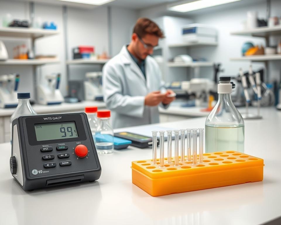 A well-equipped laboratory setting with various scientific instruments and glassware. In the foreground, a water quality testing kit is prominently displayed, with test strips and pH meters on a pristine white countertop. Midground shows a technician in a lab coat carefully analyzing water samples, with focus on the testing process. The background depicts an array of modern analytical equipment, providing a sense of a professional, research-oriented environment. The overall scene conveys a mood of precision, diligence, and a commitment to understanding the intricacies of poultry water quality.